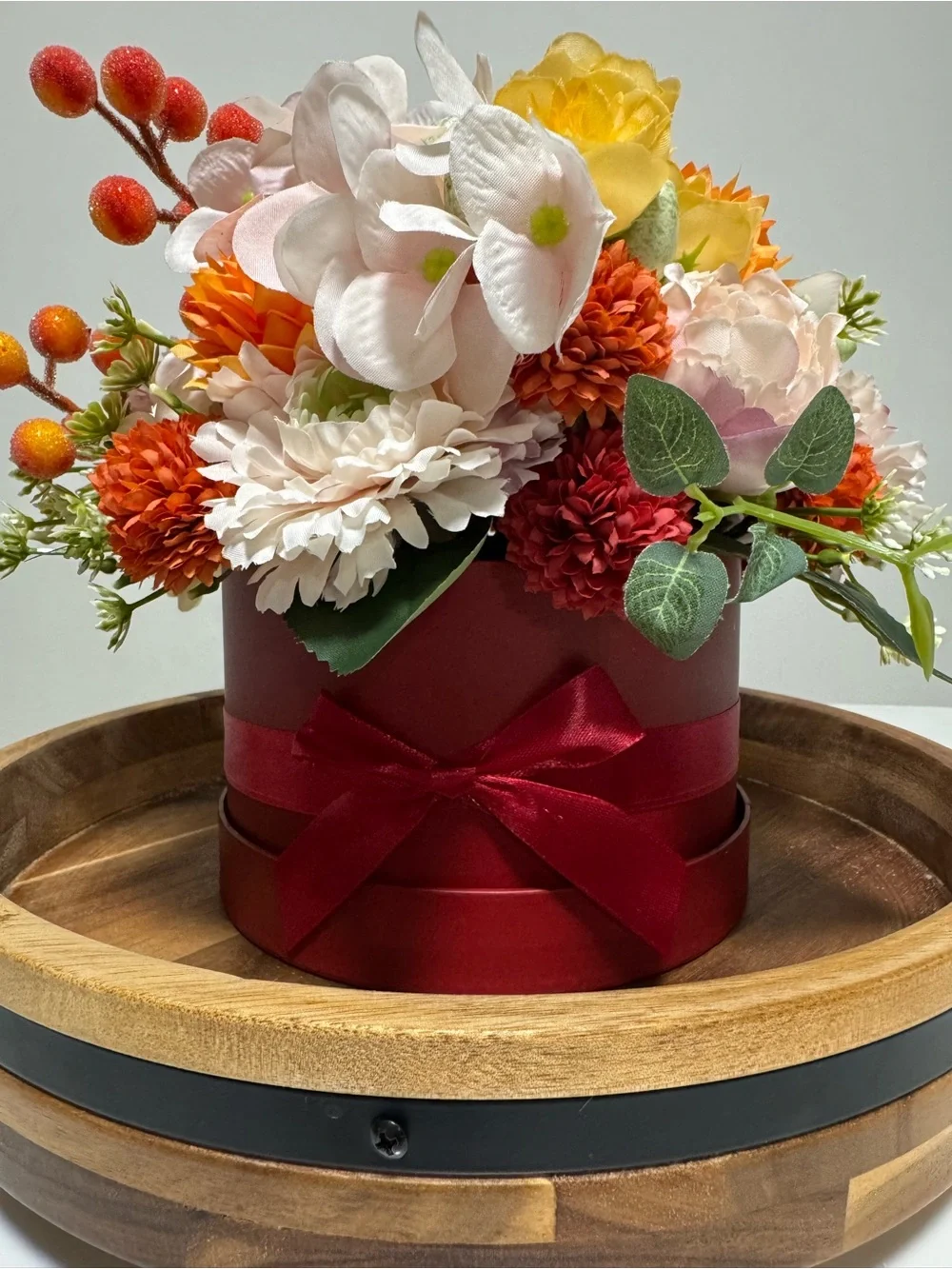 Handmade Artificial Floral Arrangement in Burgundy Hatbox – Fall Home Decor